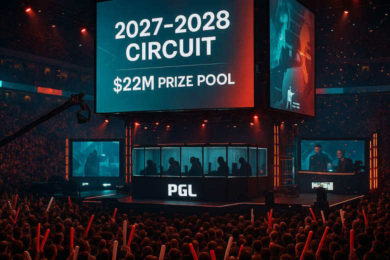 Foto realista e ampla de uma arena de esports lotada com palco da PGL