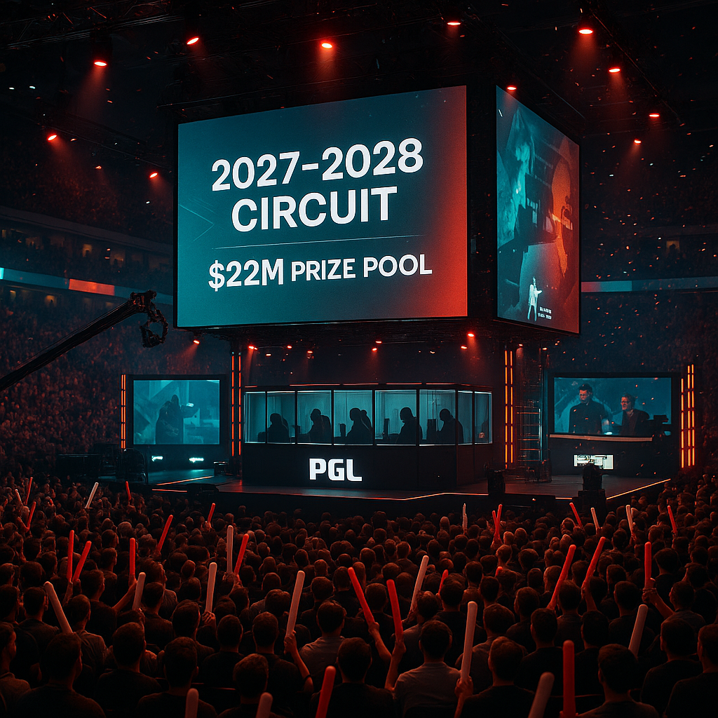 Foto realista e ampla de uma arena de esports lotada com palco da PGL