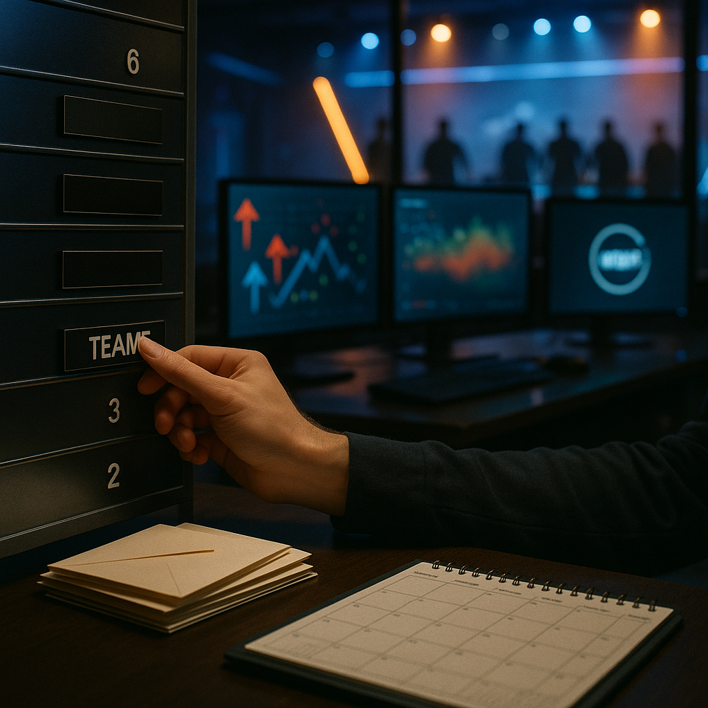 Foto realista de uma sala de operações de e-sports: uma mão move plaquetas de