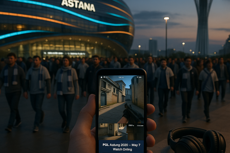 Blue-hour photo of crowds entering a lit arena in Astana with the Baiterek Tower
