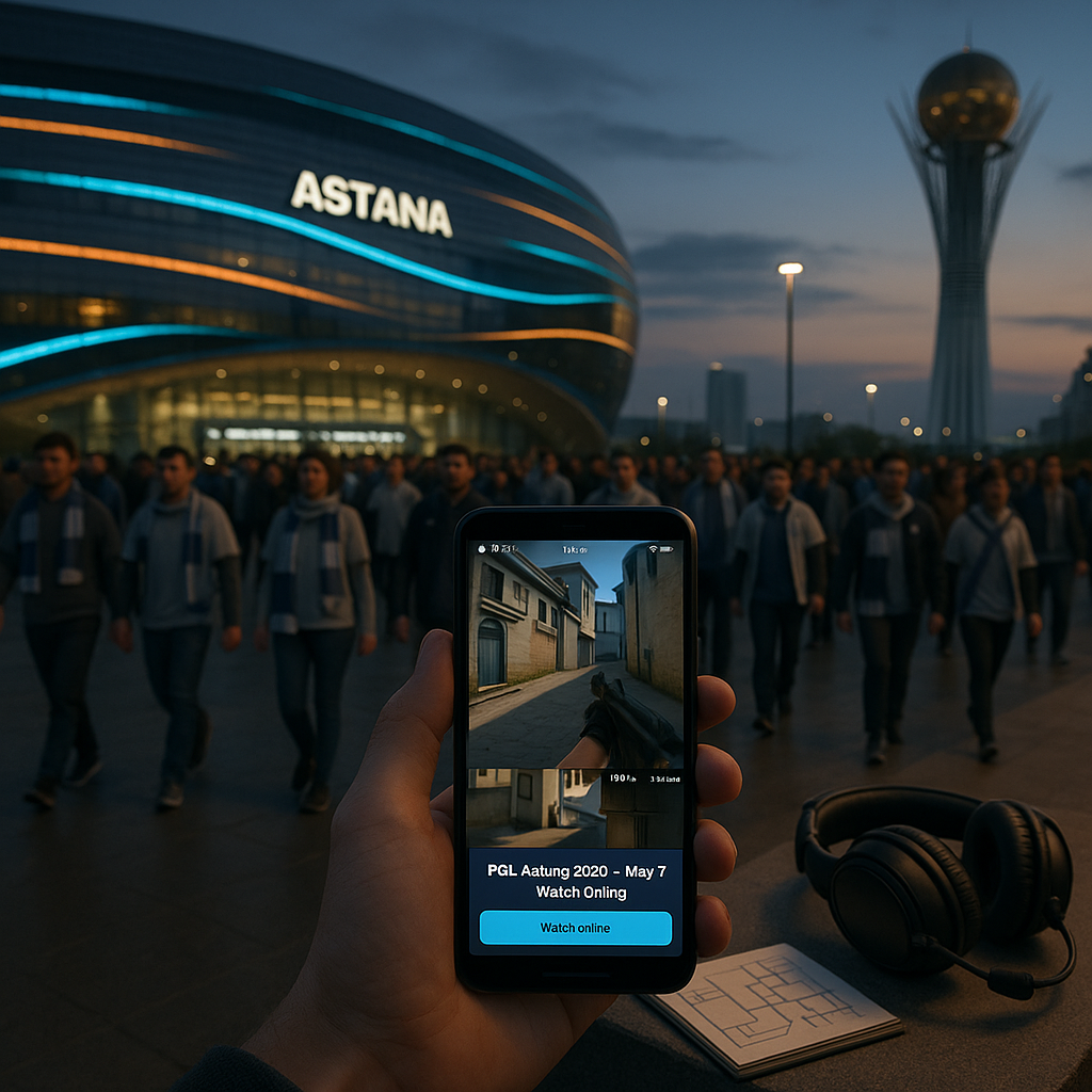 Blue-hour photo of crowds entering a lit arena in Astana with the Baiterek Tower